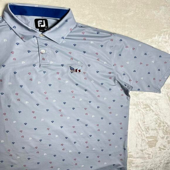 Footjoy Performance Golf Polo Men's L Geometric AOP Red White Steel Blue Stretch - Picture 2 of 9